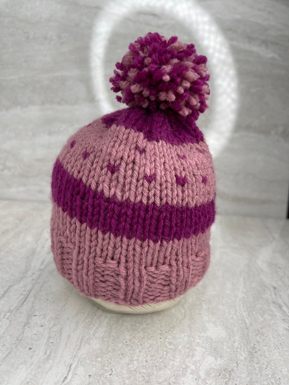 Preemie Baby girl Knit hat with PomPom two tone pink | Etsy
