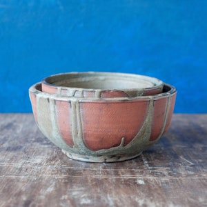 Three drippy green stacking bowls, spruce green bowls, 3in1, rustic, moss green dish, red clay, stoneware, soup, salad, snack, kitchenware image 1