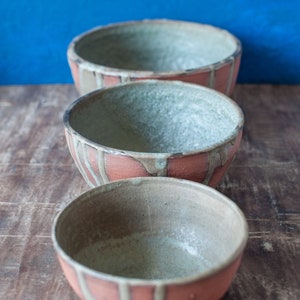 Three drippy green stacking bowls, spruce green bowls, 3in1, rustic, moss green dish, red clay, stoneware, soup, salad, snack, kitchenware image 3