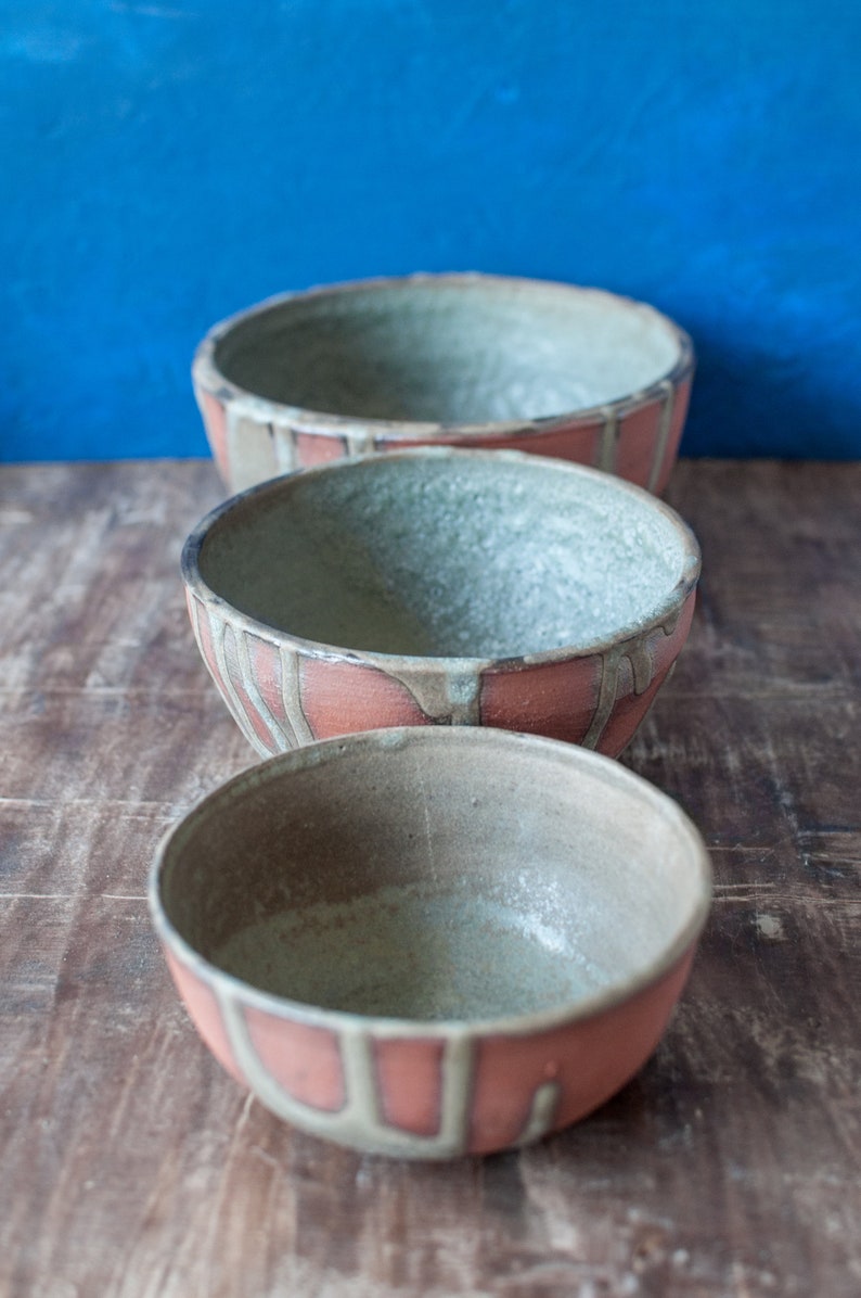 Three drippy green stacking bowls, spruce green bowls, 3in1, rustic, moss green dish, red clay, stoneware, soup, salad, snack, kitchenware image 3
