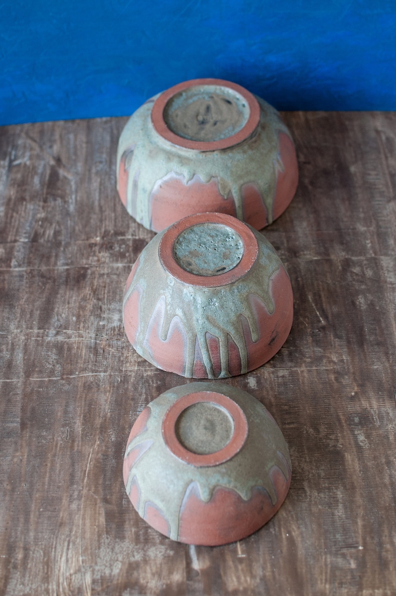 Three drippy green stacking bowls, spruce green bowls, 3in1, rustic, moss green dish, red clay, stoneware, soup, salad, snack, kitchenware image 4