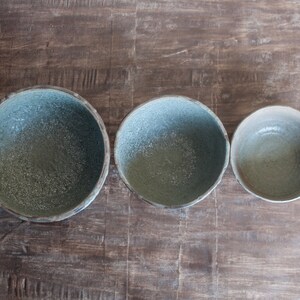 Three drippy green stacking bowls, spruce green bowls, 3in1, rustic, moss green dish, red clay, stoneware, soup, salad, snack, kitchenware image 2