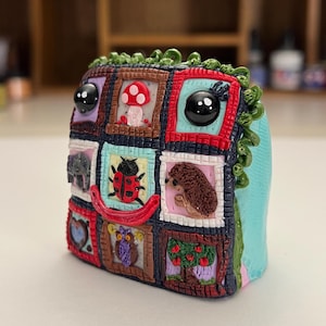 Kussen patchwork (serie 6) - polymeerkleikunst, miniatuur met dieren- en natuurthema, woondecoratiecadeau