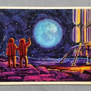 Homem na Lua Astronautas Futurismo Espacial Década de 1966 Cartão Postal Soviético Vintage Não Utilizado URSS