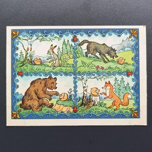 Kolobok renard loup ours lapin conte de fées artiste Nosov des années 1956 inutilisé carte postale vintage URSS