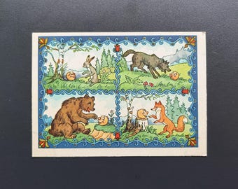 Kolobok Räv Varg Björn Kanin Sagokonstnär Nosov 1956-talet Oanvänt Vintage Vykort Sovjetunionen