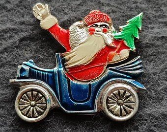 Santa Claus in Car Christmas tree Happy New Year ! Father Frost Vintage Pin USSR