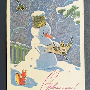 Le bonhomme de neige ZARUBIN nourrit les oiseaux des années 1969, carte postale soviétique vintage signée URSS