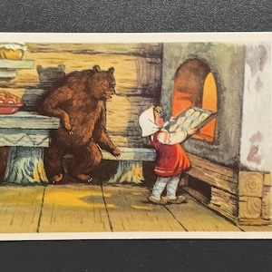 Masha e o Urso, artista de contos de fadas russos Sazanova, cartão postal vintage não utilizado da década de 1955, URSS