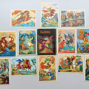 Contos de fadas russos épicos Artista M. Surkova (Palekh) Cartões postais Conjunto completo 12 peças 1968 URSS