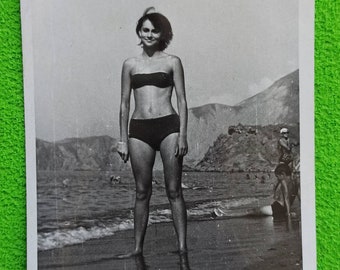 Vintage photo Beautiful Slim Girl Leggy Woman Swimsuit Beach 67s