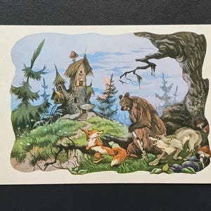 Carte postale vintage soviétique inutilisée Teremok petite maison renard ours animaux conte de fées des années 1961