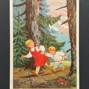 Postal soviética vintage sin usar de la década de 1956 del artista Nosov, cuento popular ruso "Cisnes mágicos de los gansos".
