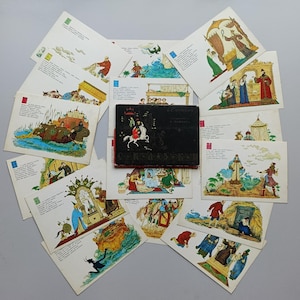 Conjunto completo de 16 cartões postais do artista E. Pashkov, contos de Pushkin, década de 1968, URSS