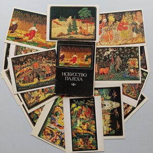 Artistes Palekh peignant des cartes postales d'art russes, ensemble complet 16 pièces URSS des années 1982