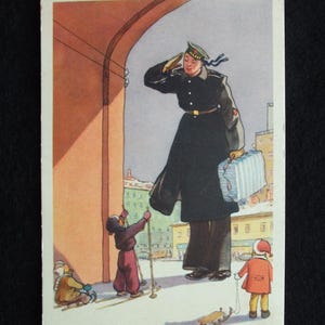 May include: Vintage postcard illustration depicting a uniformed figure saluting, holding a suitcase, and greeting children in a snowy winter scene. The children are engaged in winter activities like skiing and sledding. The image has a nostalgic, classic feel.