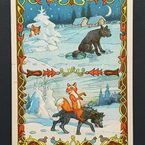 Carte postale vintage soviétique renard et loup bande dessinée conte de fées des années 1956 animaux des années 1956 inutilisé