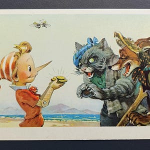 Golden Key Buratino Pinocchio Cat Basilio Fox Alice des années 1955 carte postale soviétique vintage inutilisée URSS