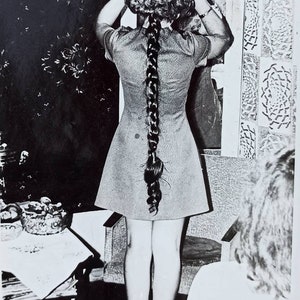 Vintage photo Beautiful Girl Long hair Pigtail Short dress Back Mirror