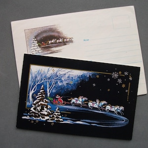Vintage ansichtkaart+envelop ongebruikte kerstman slee nieuwjaar kerst vintage wenskaart USSR jaren 90