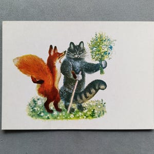 Chat renard artiste Vasnetsov des années 1969 carte postale vintage URSS contes de fées russes