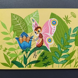 Carte postale soviétique papillon avec bébé berceuse des années 1969