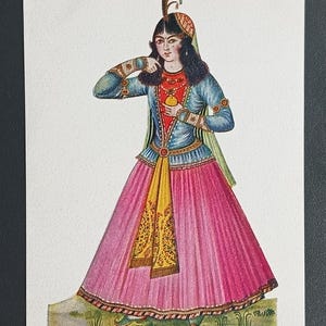 Carte postale des années 35, Géorgie, URSS, peinture persane du XIXe siècle, jeune femme perse, carte postale vintage