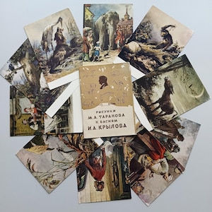 Fábulas de Krylov, Contos de Fadas de Ivan Krylov, Conjunto Completo de 10 Cartões Postais, Década de 1956, URSS