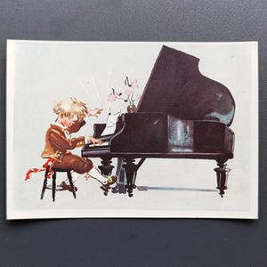 Boy Playing Piano Artist Wedner 1958s Unused Vintage Postcard USSR Minsk city