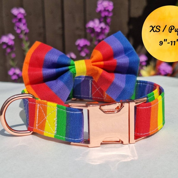 XS / PUPPY 9-11” Neck - Rainbow Stripes Collar with Optional Bow / Bandana / Choice of Hardware / Engraving Option