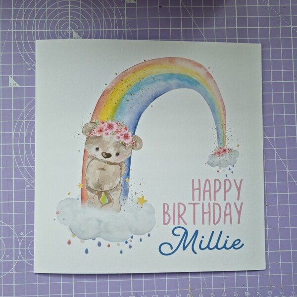 Personalised Rainbow Bear / Birthday / Floral Card / Choice of Text / 2 Sizes / Envelope / Quick Delivery / Birthday Card