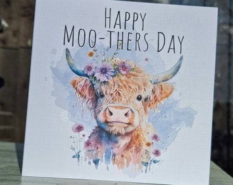 Floral Highland Cow / Gift / Birthday / Mother's Day / Thank You / Any Text / 2 Sizes / 4 Designs / Envelope