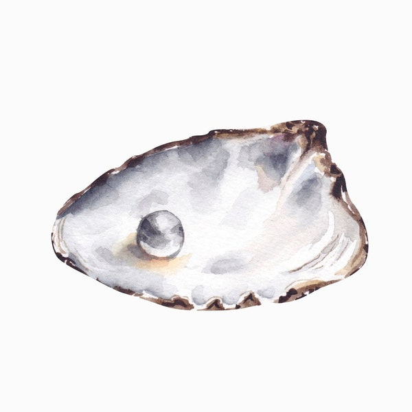 Digital download of a pearl in an oyster shell- watercolour style