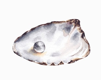 Descarga digital de una perla en una concha de ostra, estilo acuarela.