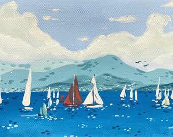 Gouache painting of boats off the coast of Saint-Tropez, small