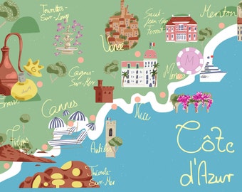 Un mapa de la Riviera francesa- Arte mural de descarga digital, Costa Azul, Francia