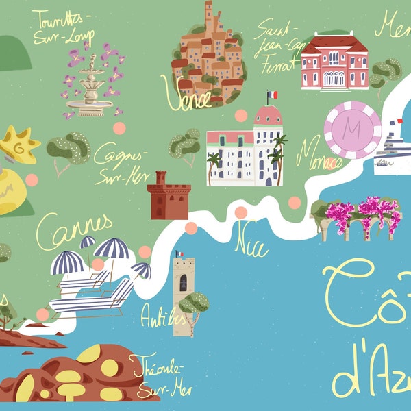 A map of the French Riviera- Digital Download wall art, Cote d'Azur, France