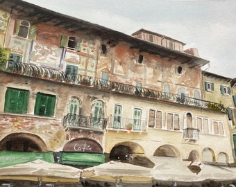 Original watercolor painting the streets of Verona, Italy