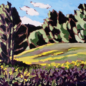 May include: An oil painting of a landscape featuring trees, a grassy hill, and a blue sky with clouds. The trees are painted in shades of green and brown, with a dark background. The hill is yellow and green, and the foreground has purple and yellow flowers.