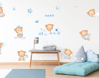 Watercolor Baby Bear Blue Wall Decals