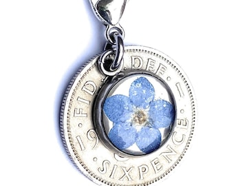 Choose your year Sixpence Bridal Charm with something blue Forget-Me-Not Flower, sentimental wedding gift