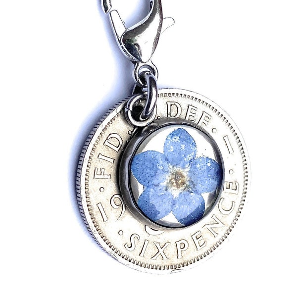 Bridal Charm Silver Sixpence Forget-Me-Not Flower Gift.  Something Blue. Silver Sixpence Gift.  Garter Charm for Bridal Shower