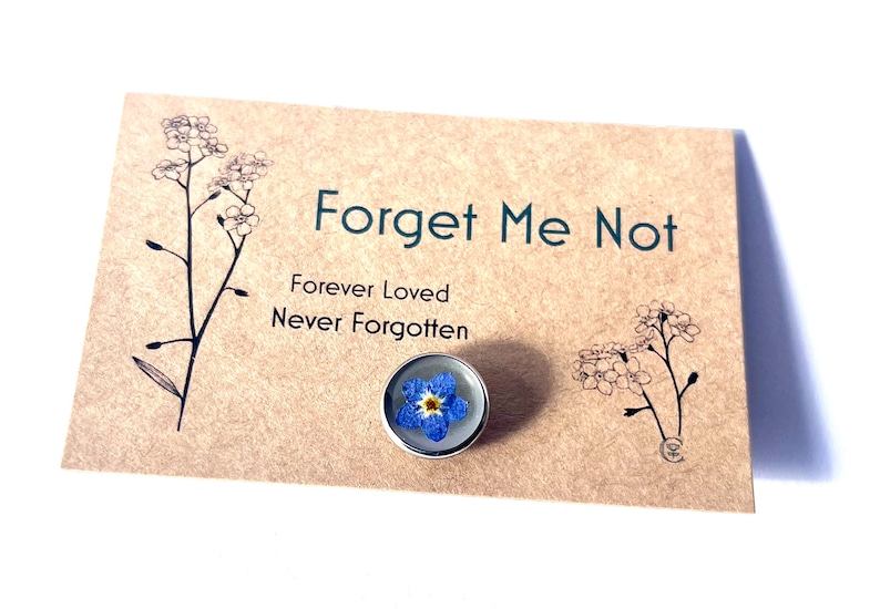 May include: A Forget Me Not pin with a real blue flower encased in clear resin, set on a silver-colored metal backing. The pin is displayed on a tan card with the words "Forget Me Not" and "Forever Loved, Never Forgotten".