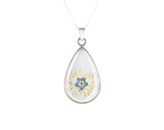Forget-Me-Not & Queen Anne's Lace Necklace: Silver Teardrop Pendant