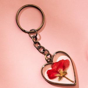 Red Rose Heart Keyring made with real pressed rose flower on bronze heart keychain - a unique romantic gift