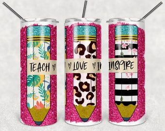 Zurück zur Schule Bleistift Trio Lehrer Skinny Tumbler Sublimation Designs Downloads Sonnenblume Floral Glitter 20 Oz dünne Becher wickeln Vorlage