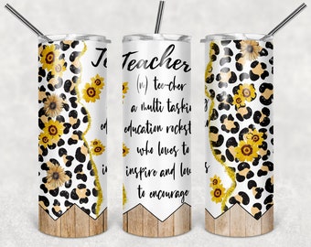 teacher  pencil leopard sunflower 20 oz Skinny Sublimation or Sublimate Design Full Tumbler Wrap PNG waterslide,teacher,school, student
