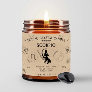 Raw & Refine Zodiac Candle with Crystals Inside, Astrology Scented Candles, Star Sign Birthday Candles. Scorpio.