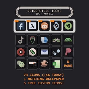 May include: A dark background displays a collection of retro-style app icons. The icons are in various colors and shapes, with text that reads "RETROFUTURE ICONS IOS + ANDROID". The image also includes the text "73 ICONS (+16 TODAY) + MATCHING WALLPAPER 5 FREE CUSTOM ICONS!"