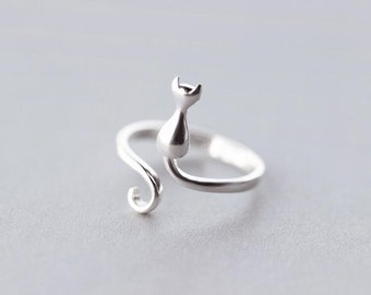Damen Katze Ring Cat Ringe Silber Kätzchen Katzenring Offener Fingerring NEU 